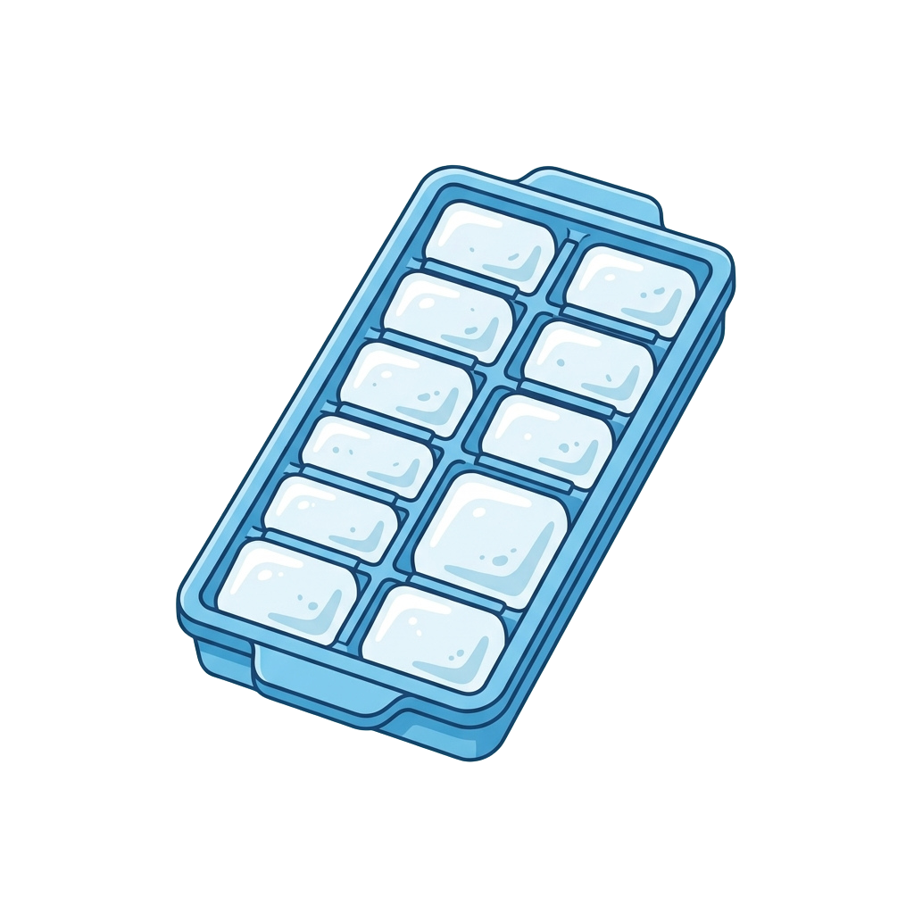 A blue plastic ice cube tray filled with twelve clear ice cubes