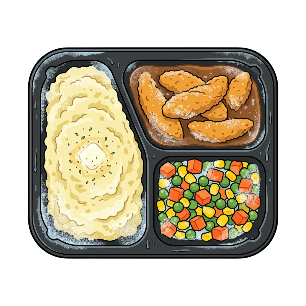 Divided tray with macaroni and cheese, breaded chicken pieces, and colorful veggie cubes