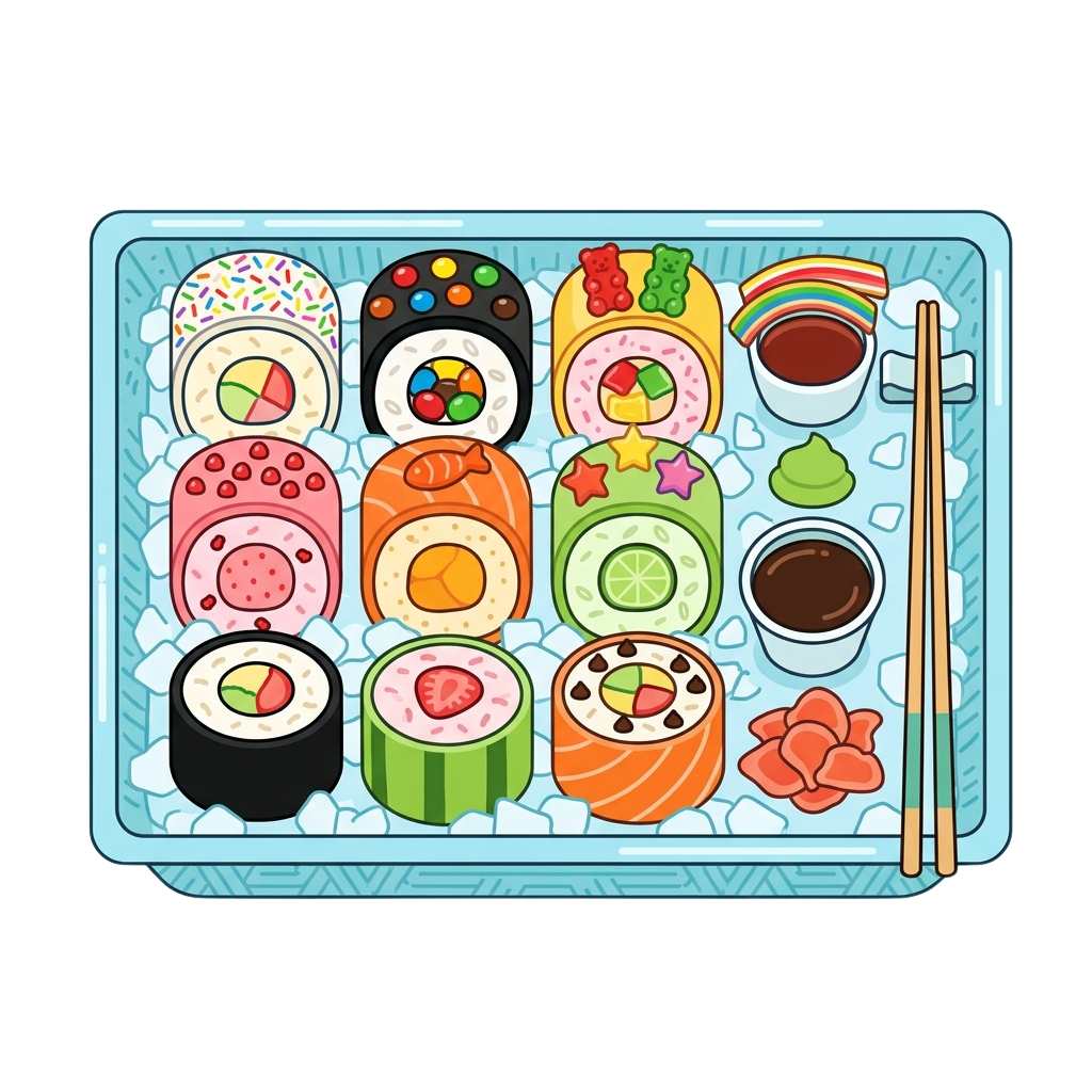 Illustration of a playful sushi platter with various colorful sushi rolls and toppings, including candy and rainbow designs.