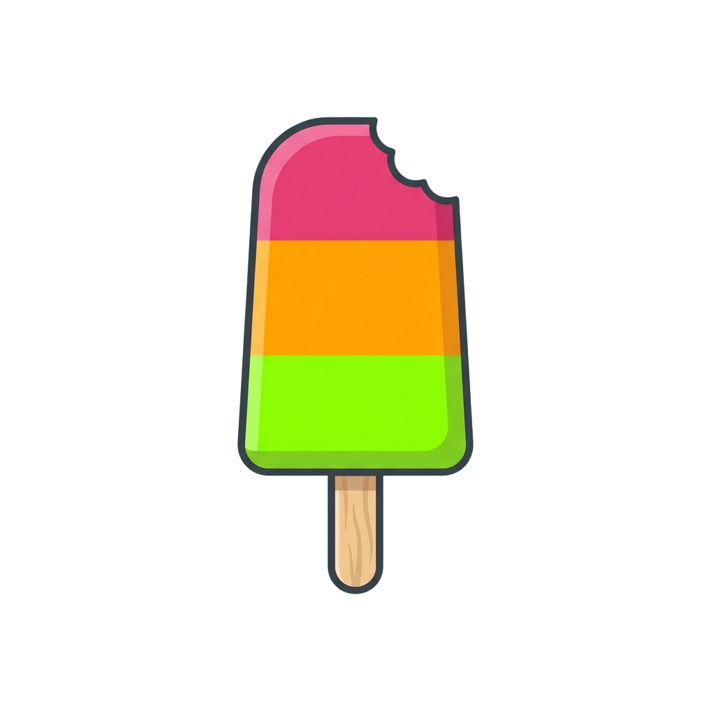A popsicle with three layers of pink, orange, and green ice cream on a wooden stick