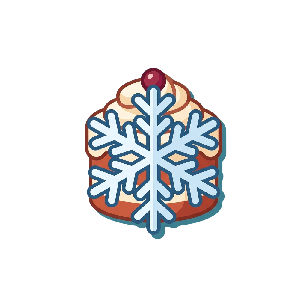 A snowflake-shaped cake decorated with white frosting snowflakes and a red cherry on top