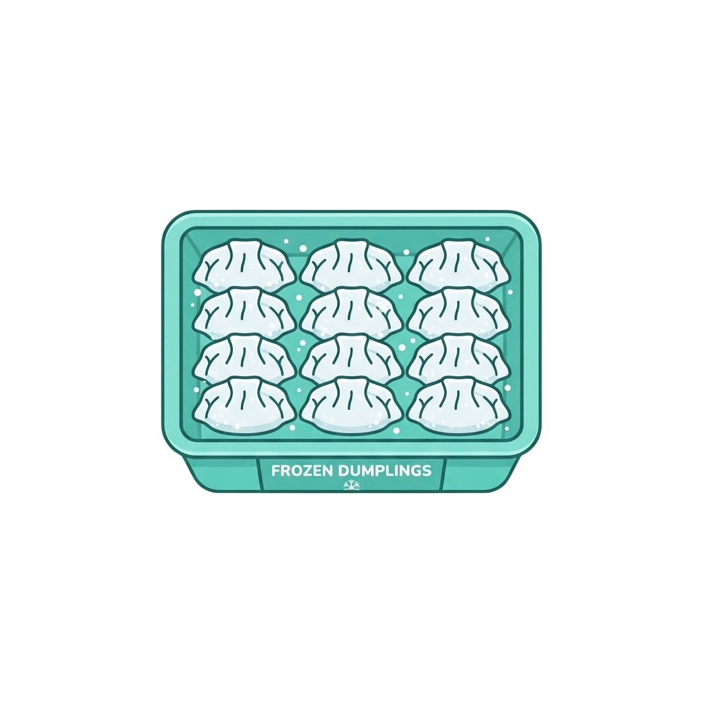An illustration of a turquoise ice cube tray filled with twelve frozen dumplings.