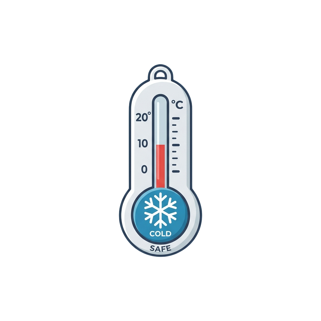 Thermometer showing cold temperature below 10 degrees Celsius with snowflake and safe label