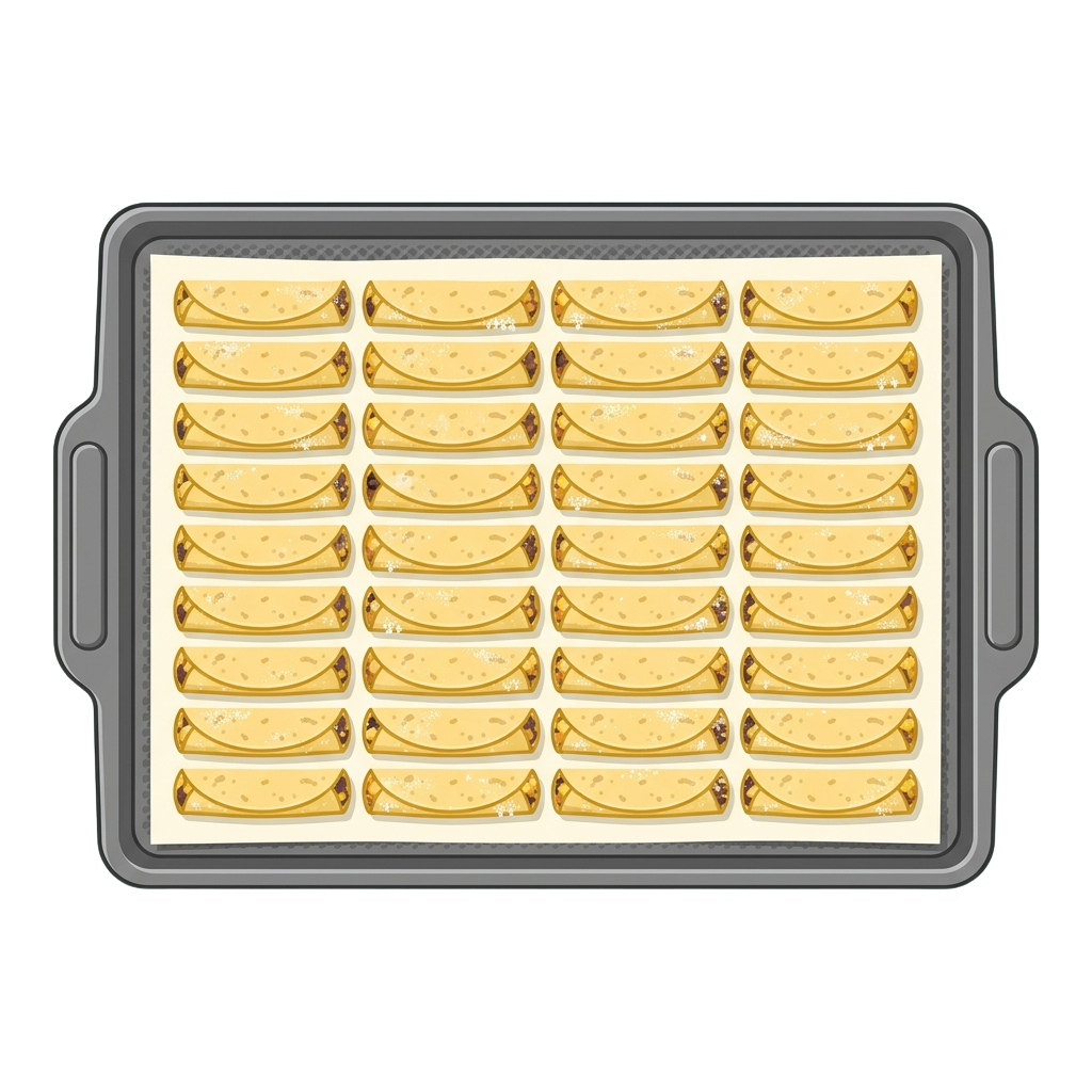 A baking tray filled with evenly spaced, crescent-shaped cheesy breadsticks ready for baking.