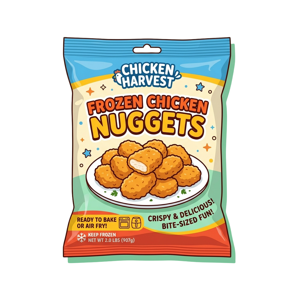 Bag of frozen chicken nuggets showing a plate of nuggets and preparation instructions.