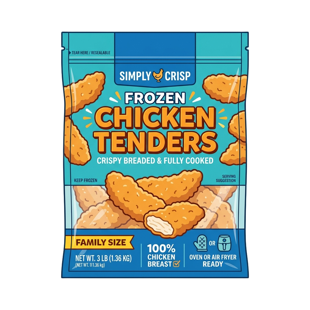 Package of frozen crispy breaded chicken tenders labeled family size, weighing 3 pounds.