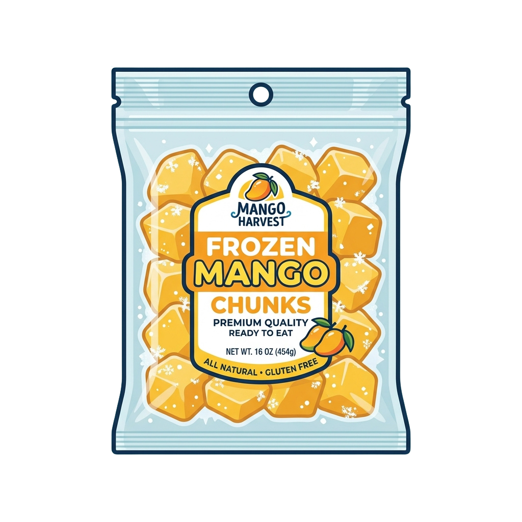 Bag of frozen mango chunks snack labeled as premium quality and ready to eat
