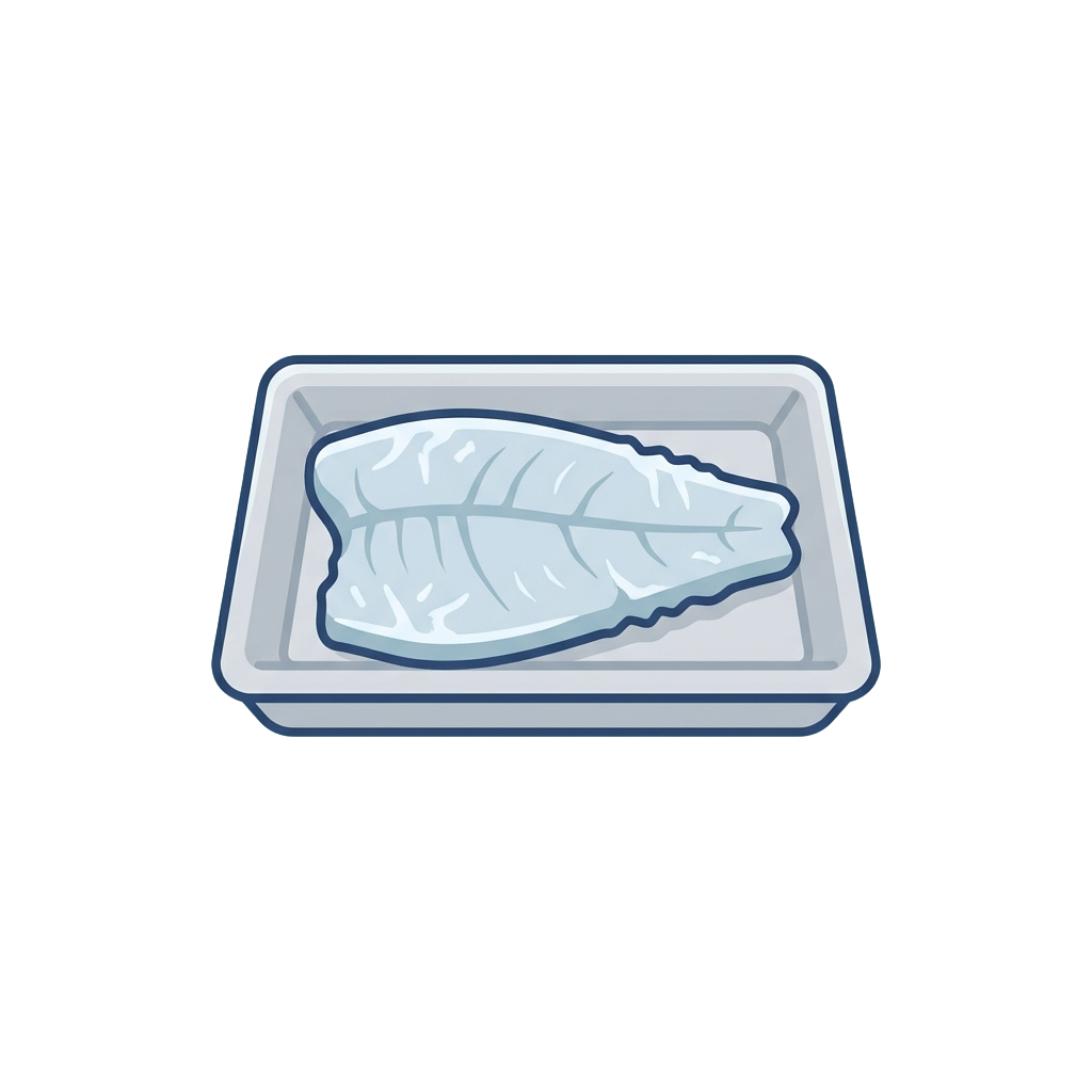 Two light-colored fish fillets in a clear plastic rectangular container with a lid.