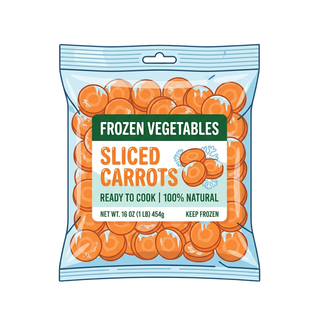 Bag of frozen sliced carrots labeled ready to cook and 100 percent natural