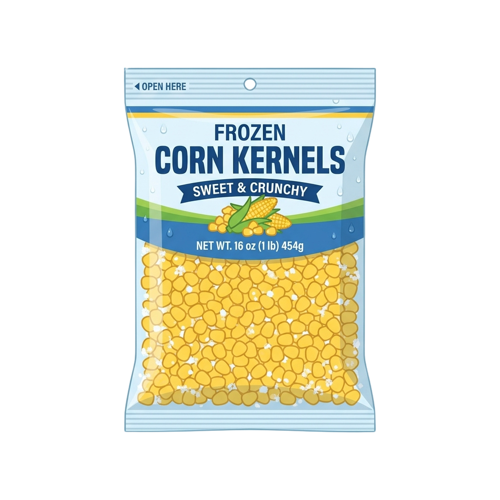 Bag of frozen sweet and crunchy corn kernels weighing 16 ounces