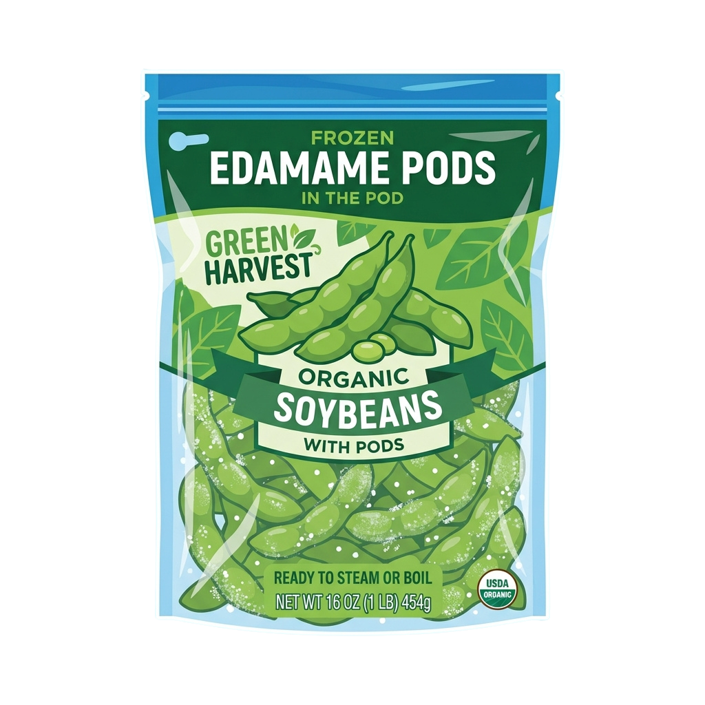 Package of frozen organic edamame pods in a green and blue bag labeled ready to steam or boil