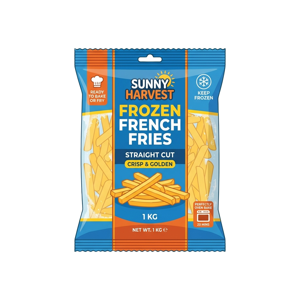 A blue and orange packet of frozen straight cut French fries weighing 1 kilogram, ready to fry.