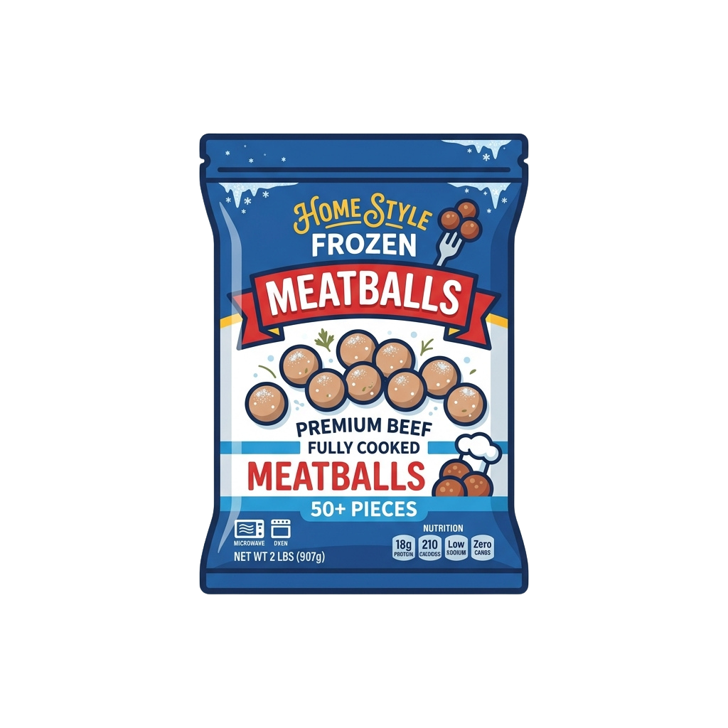 Blue package of frozen fully cooked premium beef meatballs with 50 plus pieces and nutrition facts