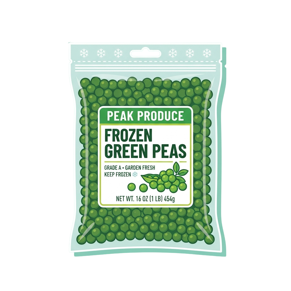 A clear plastic bag filled with frozen green peas labeled as Grade A garden fresh peas, weighing 16 oz.