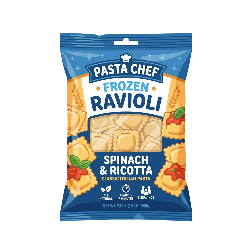 Blue and yellow package of frozen spinach and ricotta ravioli with chef hat and stars design