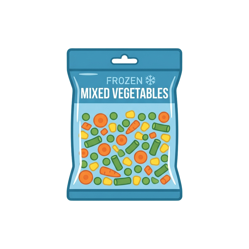 Illustration of a blue bag labeled Frozen Mixed Vegetables filled with colorful veggie pieces