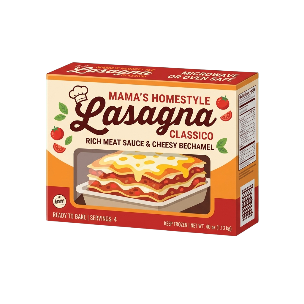 Box of frozen lasagna with rich meat sauce and cheesy bechamel, ready to bake, microwave, or oven safe.