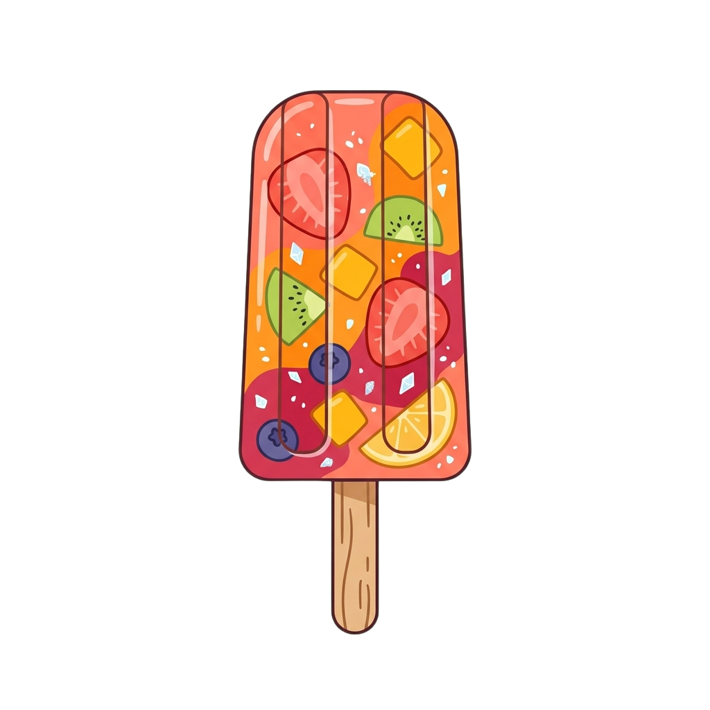Illustration of a vibrant ice pop with various fruit pieces embedded in pink and orange swirls on a wooden stick