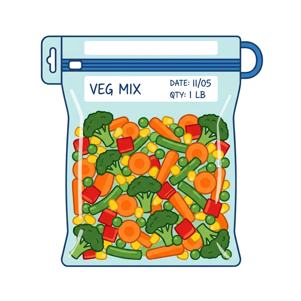 A clear storage bag filled with a colorful mix of frozen vegetables including broccoli, carrots, and bell peppers, labeled veg mix and dated 11/05.