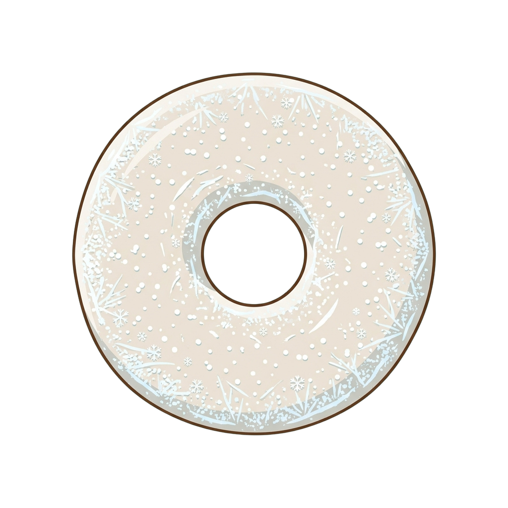 A round donut decorated with white icing, snowflake patterns, and small white sprinkles
