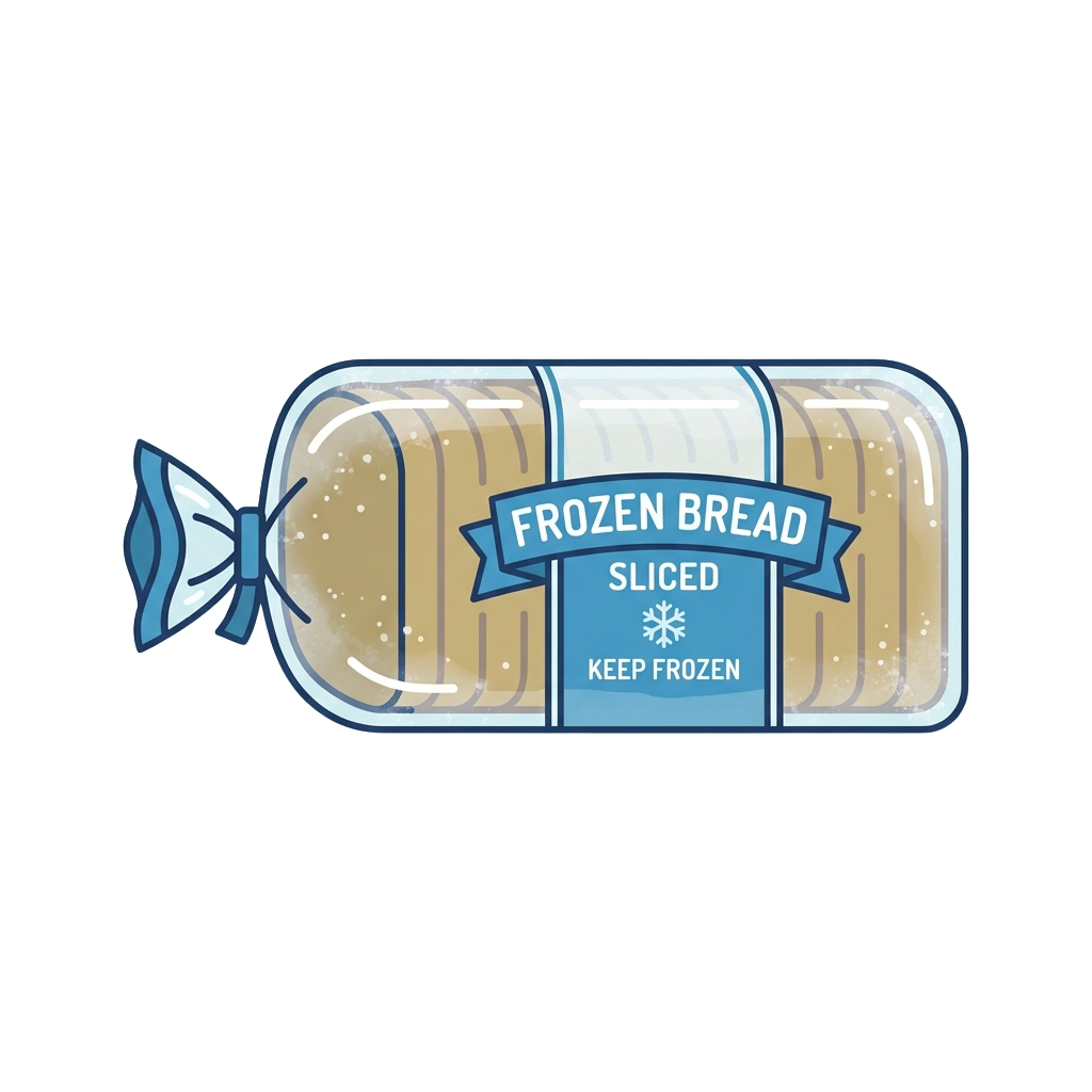 Illustration of a package of frozen sliced bread with a snowflake and keep frozen label