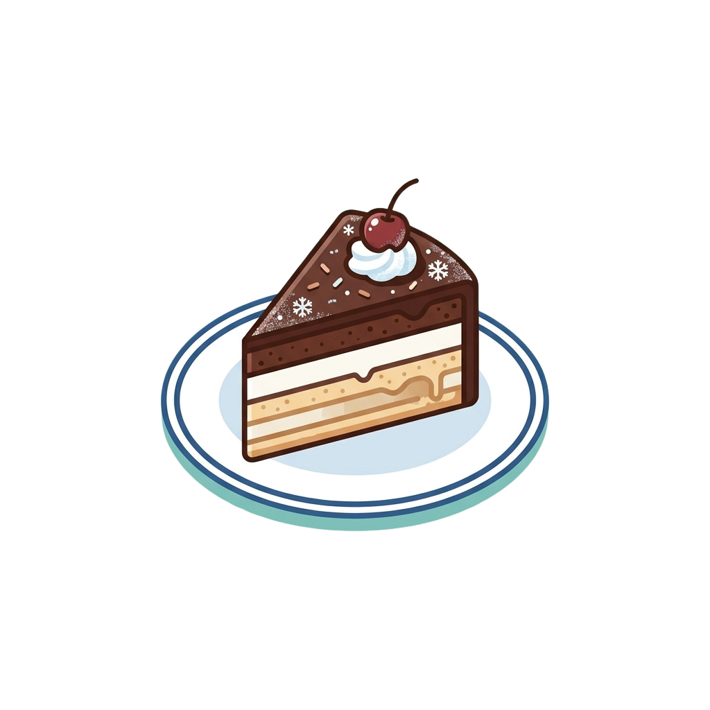 A slice of layered chocolate cake with cream filling, topped with whipped cream and a cherry, on a white plate