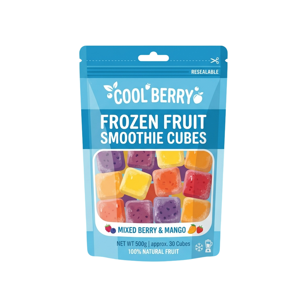 Bag of colorful frozen fruit smoothie cubes featuring mixed berry and mango flavors