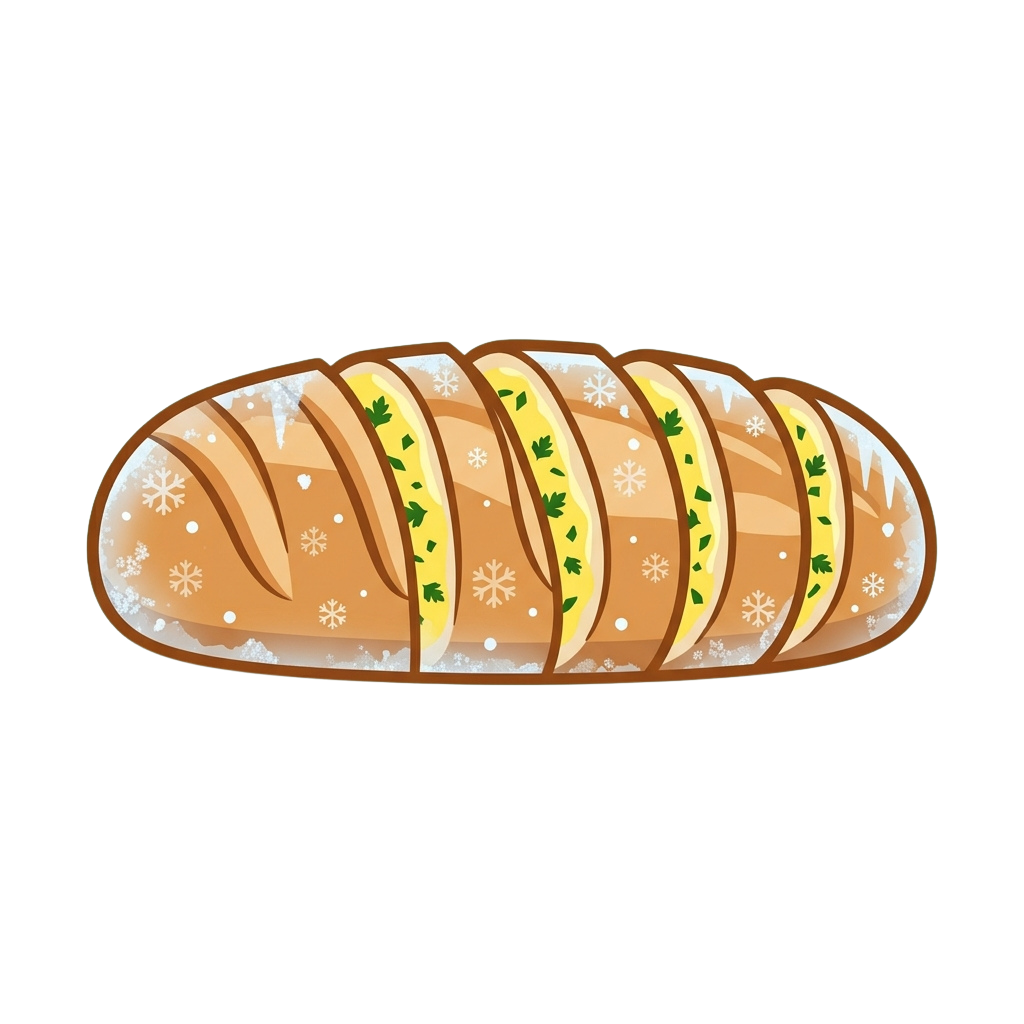 Illustration of a sliced loaf of bread stuffed with cheese and herbs, decorated with snowflakes