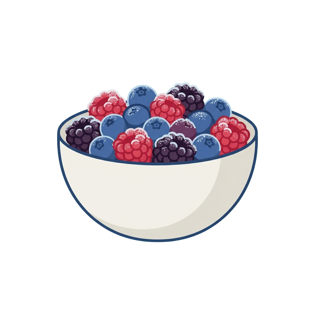 A white bowl filled with blueberries, raspberries, and blackberries illustration