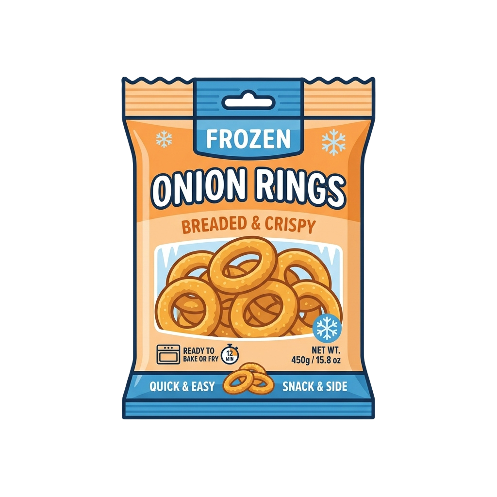 Frozen bag of breaded and crispy onion rings ready to bake or fry, weighing 450 grams.