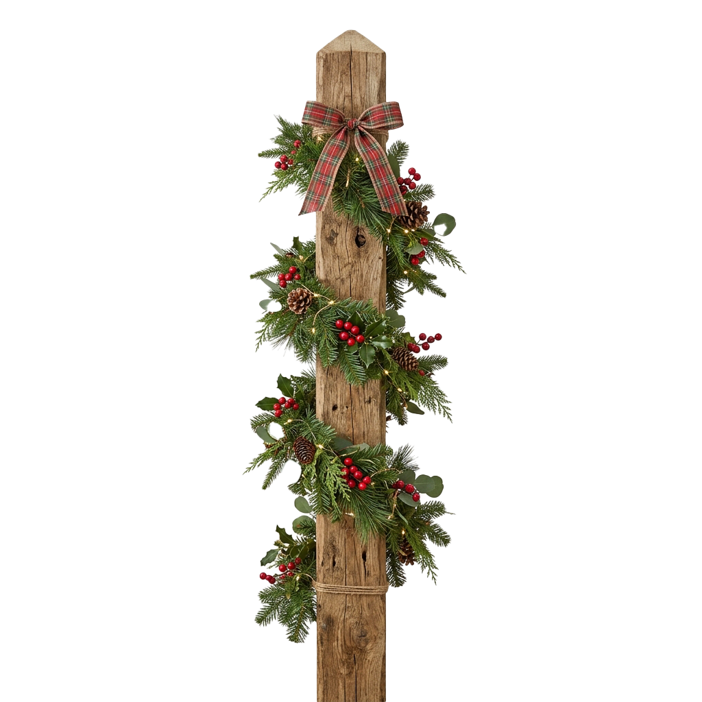 A wooden post wrapped with evergreen garland, berries, pine cones, and a plaid ribbon bow for holiday decoration