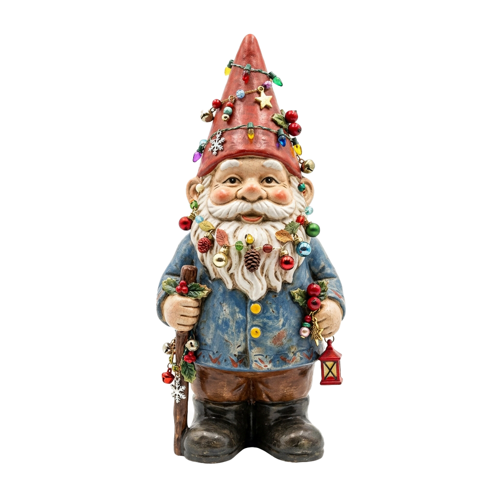 A cheerful gnome figurine wearing a red pointed hat adorned with holiday ornaments, a blue patterned jacket, and holding a lantern.