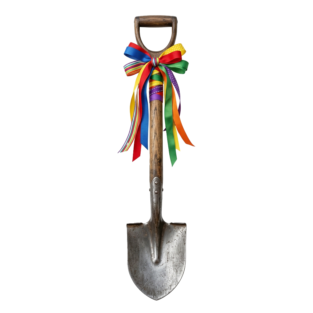 A shovel wrapped with a large rainbow ribbon bow on the handle against a black background