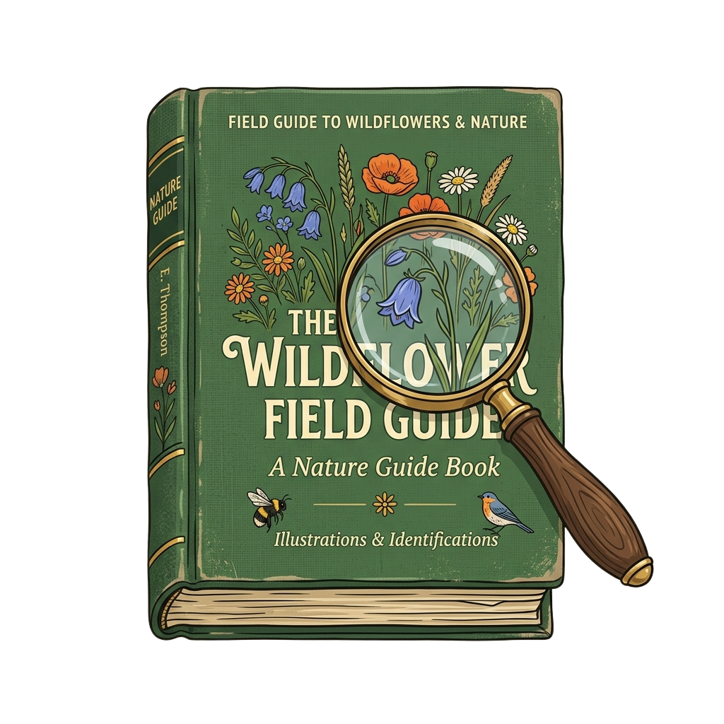 Illustration of an old-style nature guide book titled Wildflower Field Guide with a magnifying glass examining flowers on the cover