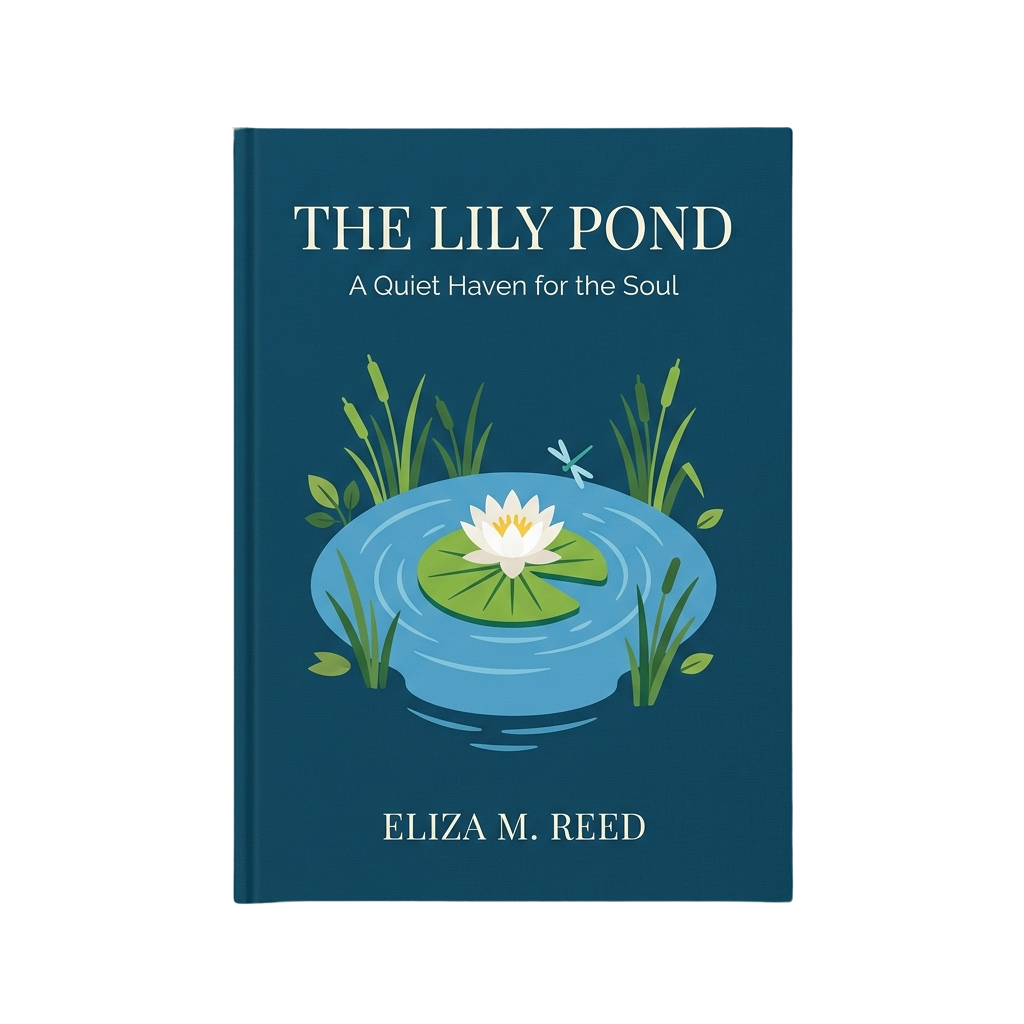 Book cover showing a lily pond with a single white lily flower, dragonfly, and green reeds on a blue background