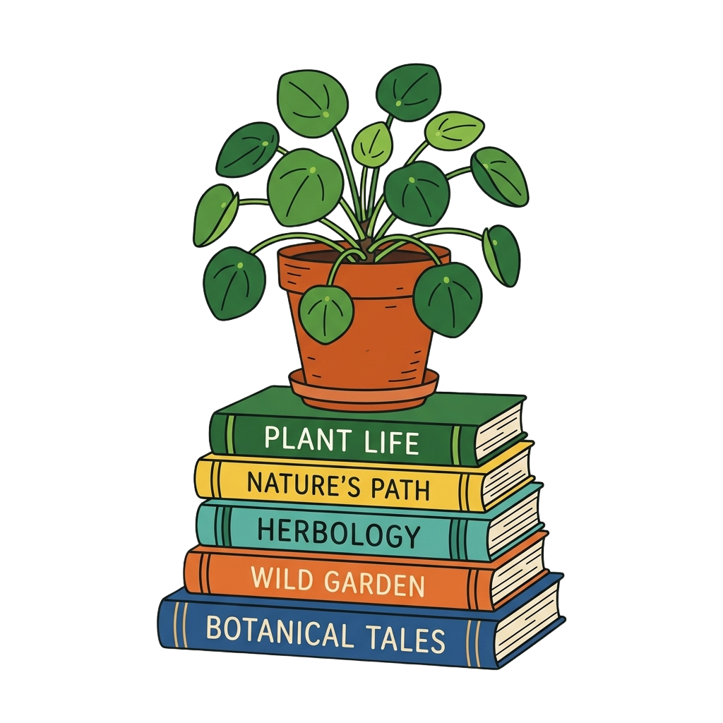 Illustration of a potted plant on a stack of five books titled Plant Life, Nature's Path, Herbology, Wild Garden, Botanical Tales
