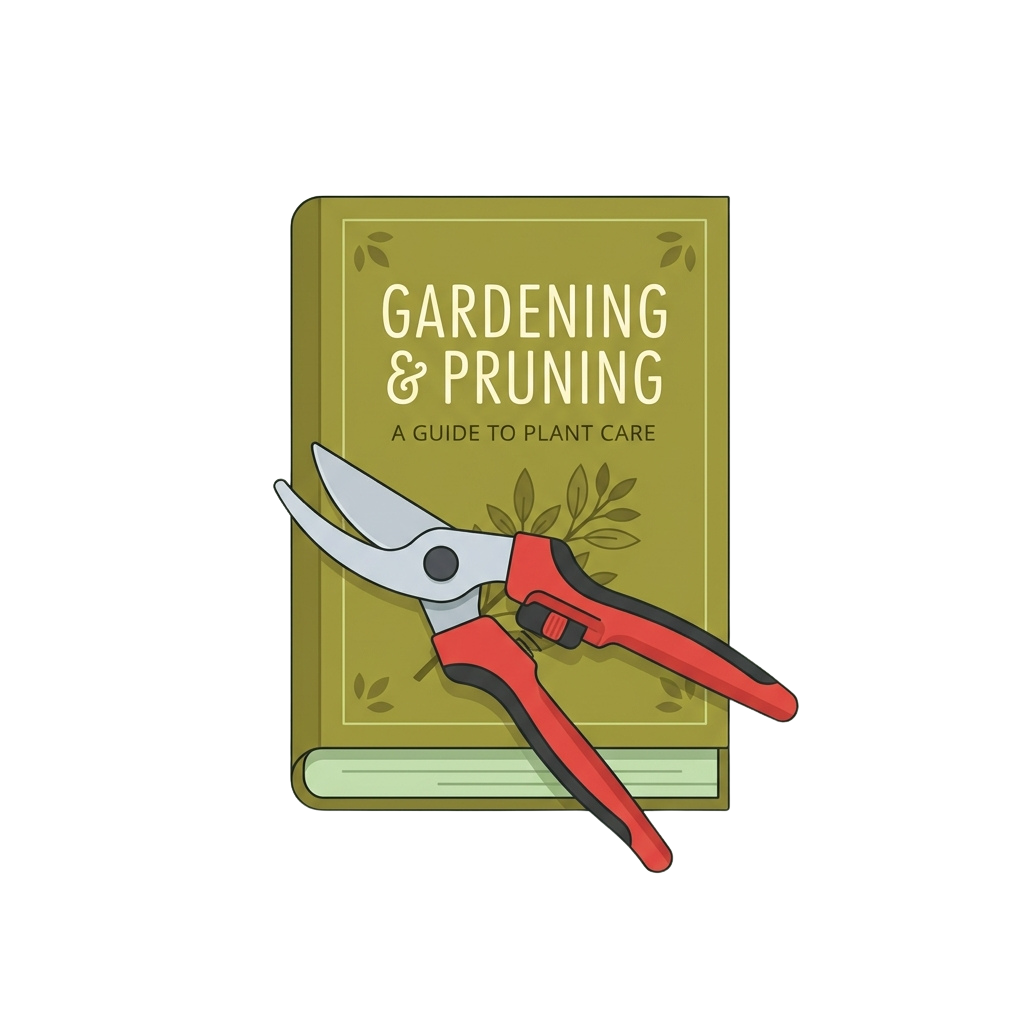Illustration of a gardening book titled Gardening and Pruning with a pair of red-handled pruning shears on top
