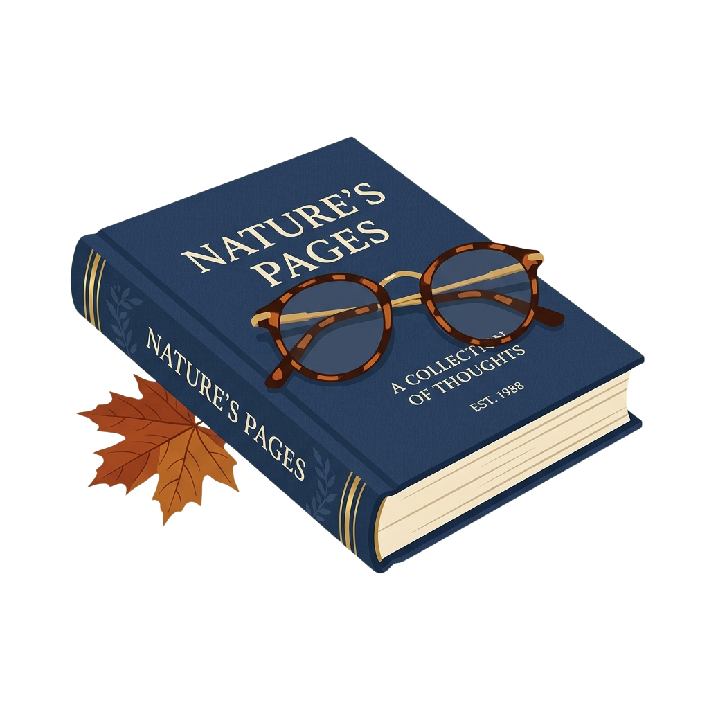 Illustration of a blue book titled Nature's Pages with glasses on top and an autumn leaf beside it