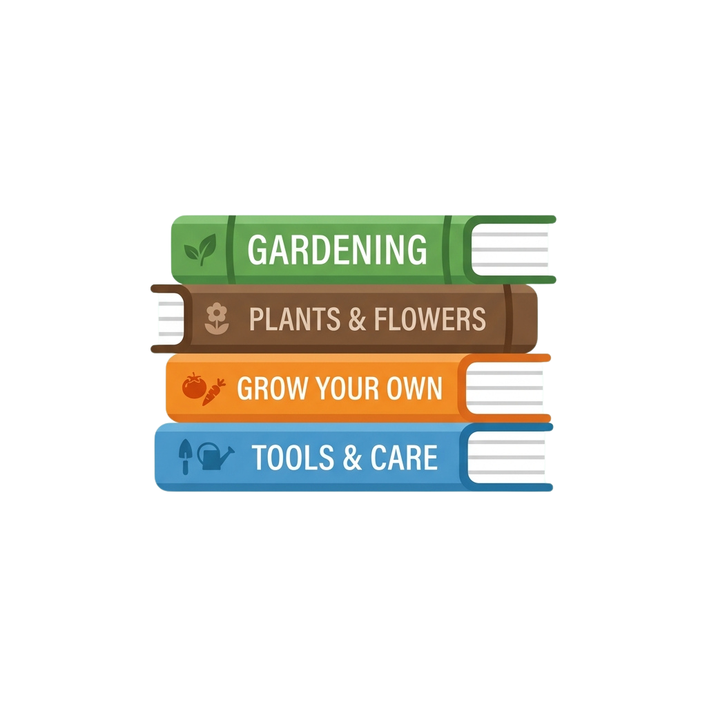 Stack of four illustrated books labeled Gardening, Plants & Flowers, Grow Your Own, and Tools & Care
