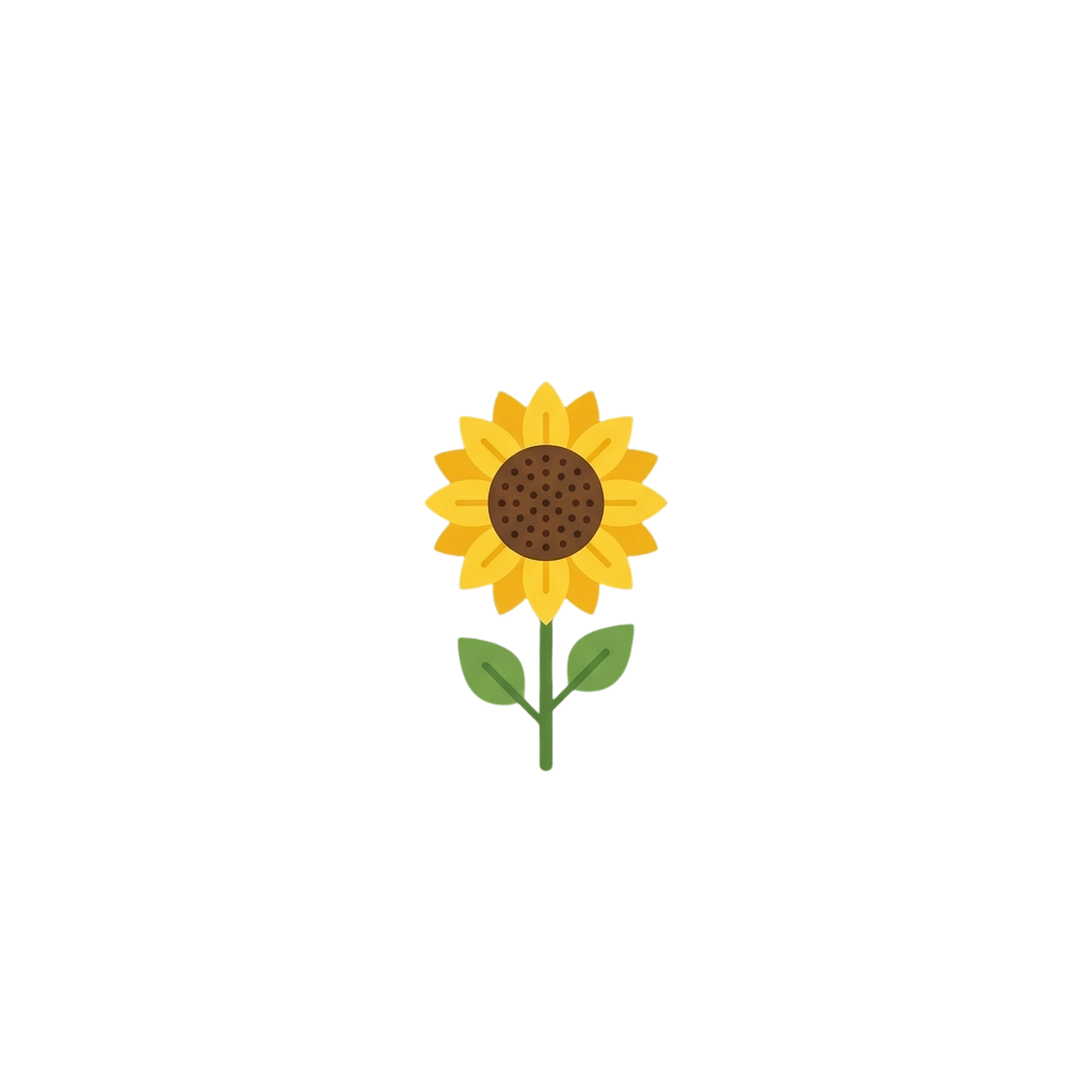 A cheerful sunflower with yellow petals and a brown center, paired with two green leaves on a black background