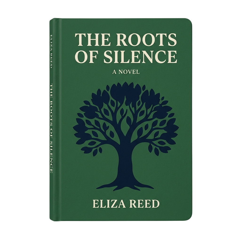 Green book cover titled The Roots of Silence with a dark blue tree illustration and author Eliza Reed