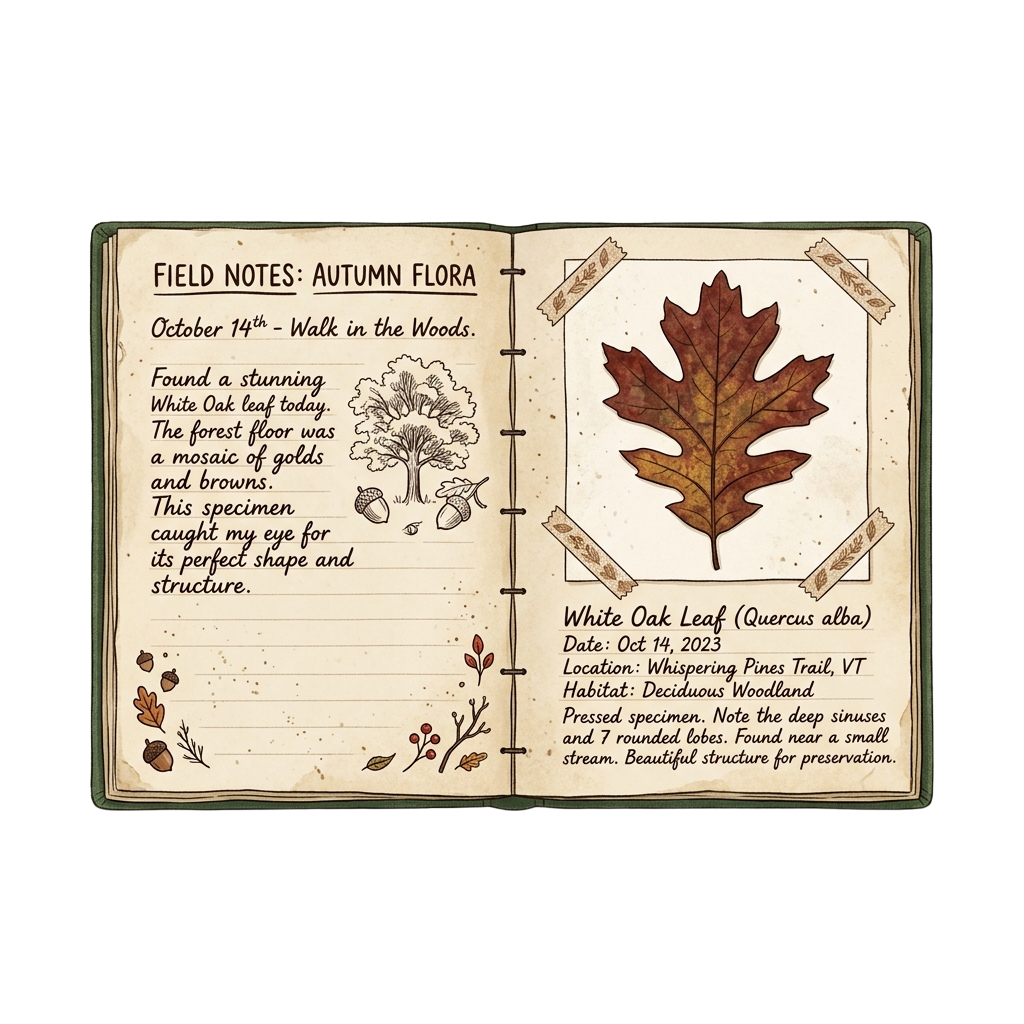 Illustrated journal page showing a pressed white oak leaf with field notes and botanical details.