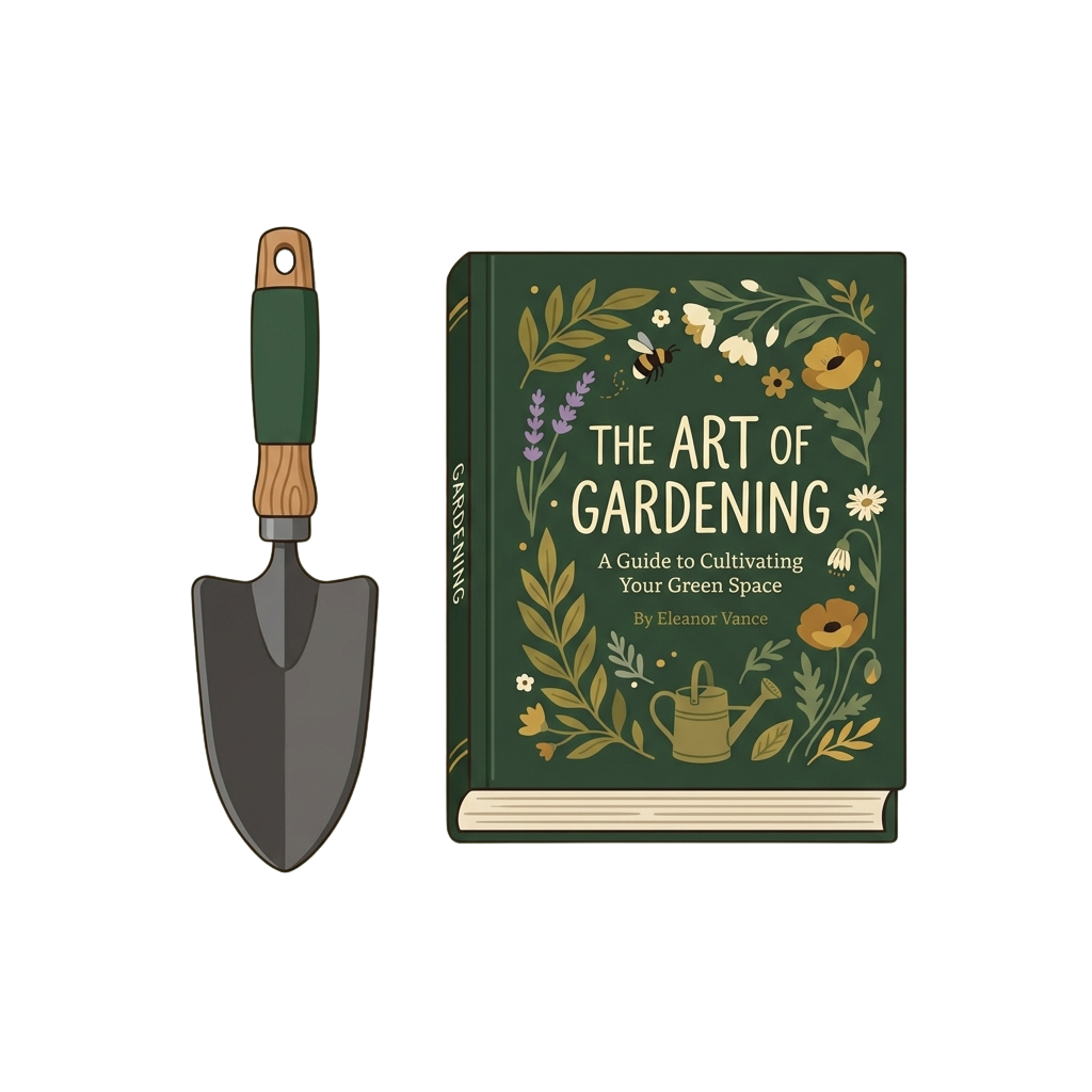 Illustration of a gardening book titled The Art of Gardening and a wooden-handled trowel with a green blade.