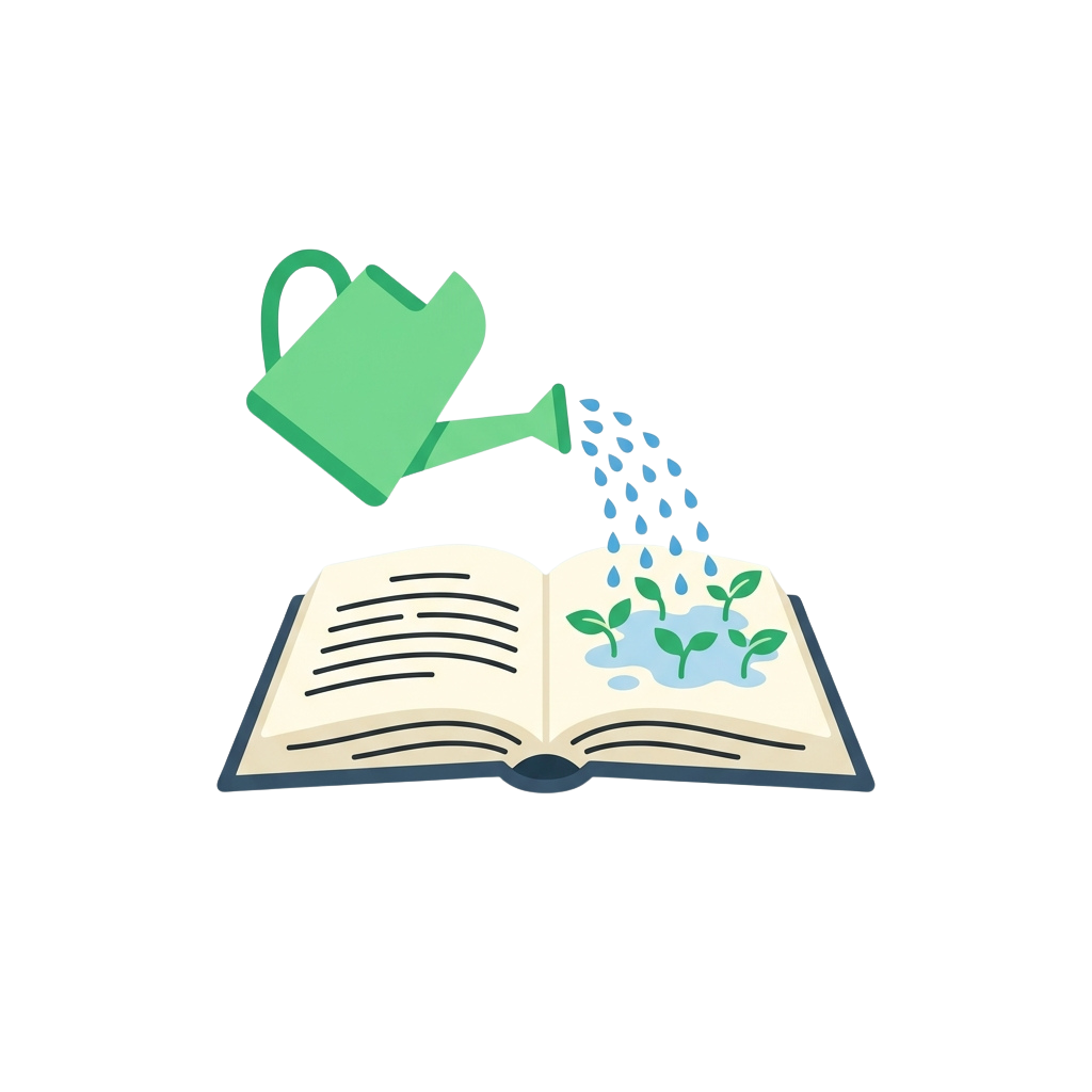 Watering can pouring water onto an open book with sprouting plants on the page