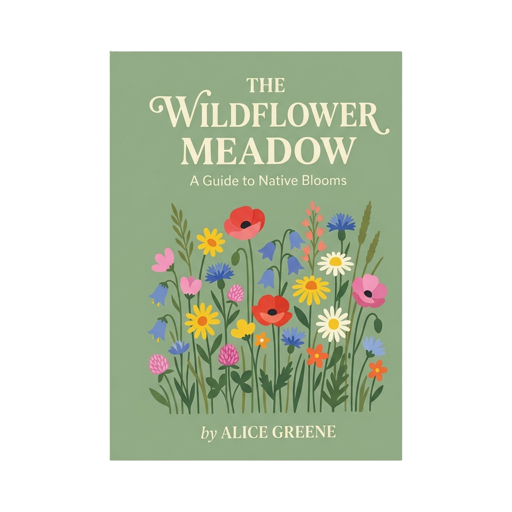 Colorful illustration of a variety of wildflowers on a green background with the title The Wildflower Meadow