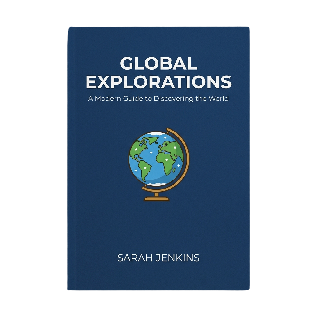 Book cover titled Global Explorations with a globe illustration and author name Sarah Jenkins