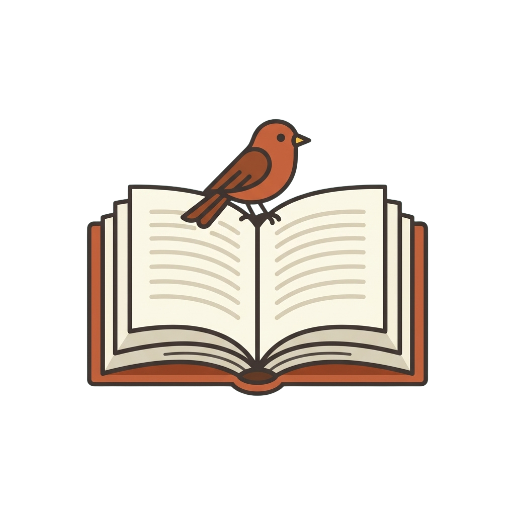 An orange bird sitting on top of an open book with blank pages