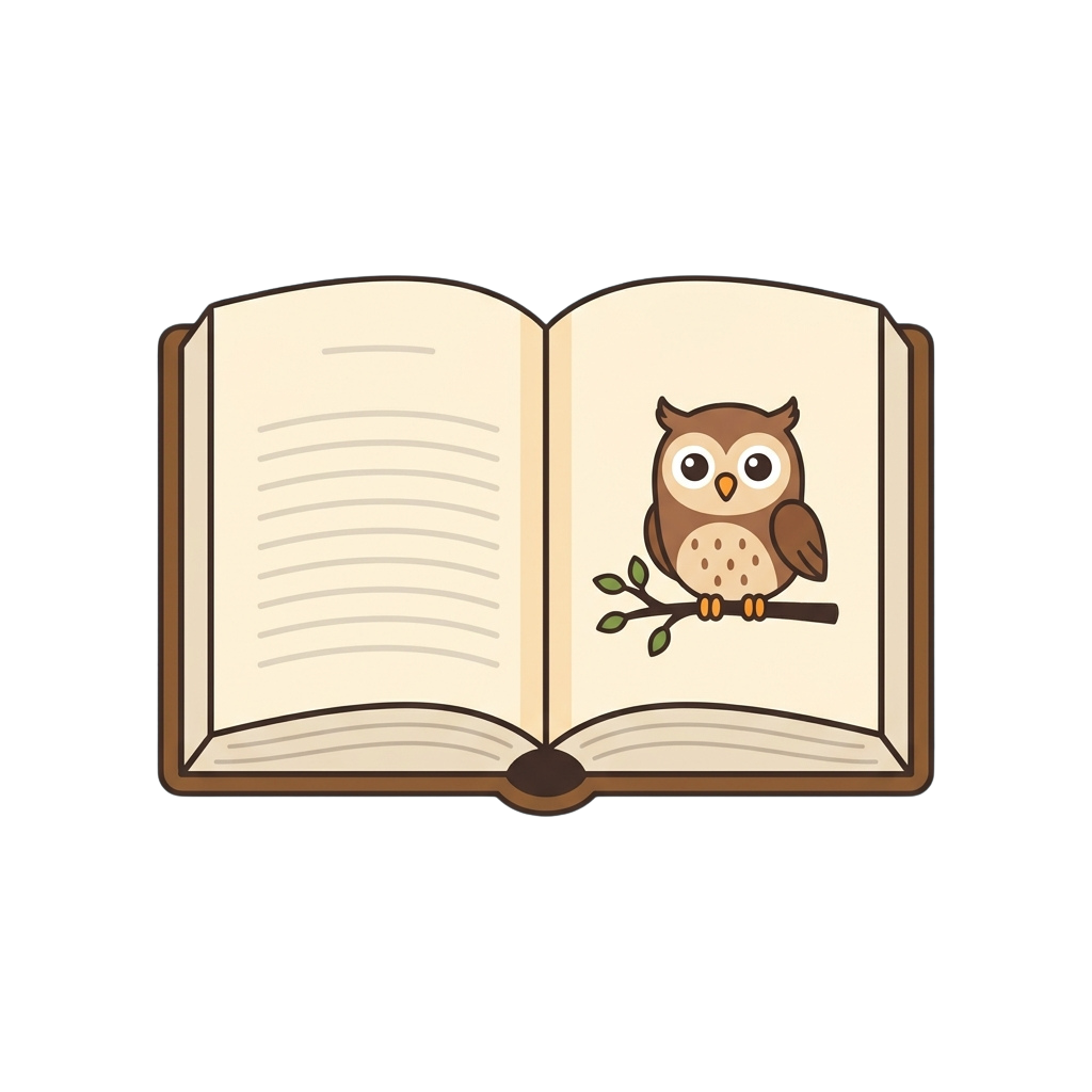 An open book with an owl perched on a branch between the pages