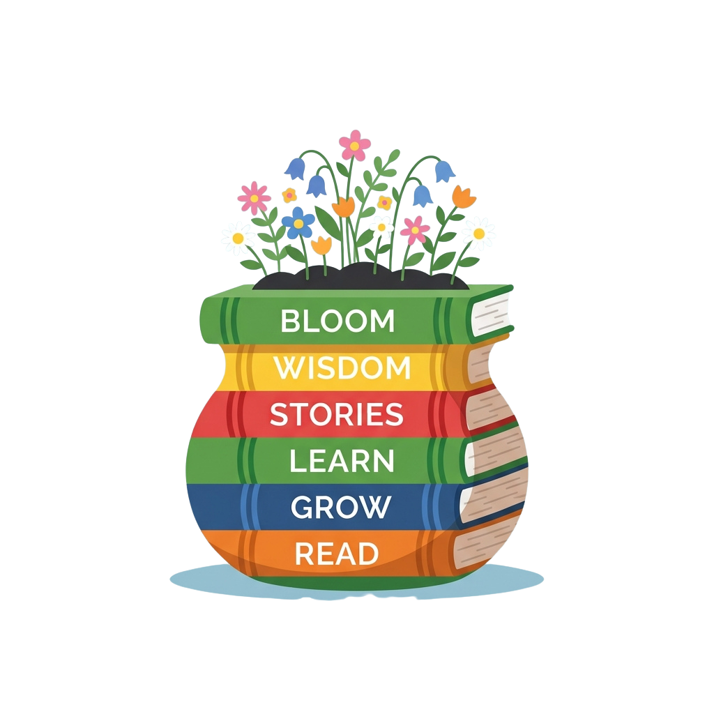 Stacked books forming a pot with flowers growing from the top, labeled Bloom, Wisdom, Stories, Learn, Grow, Read