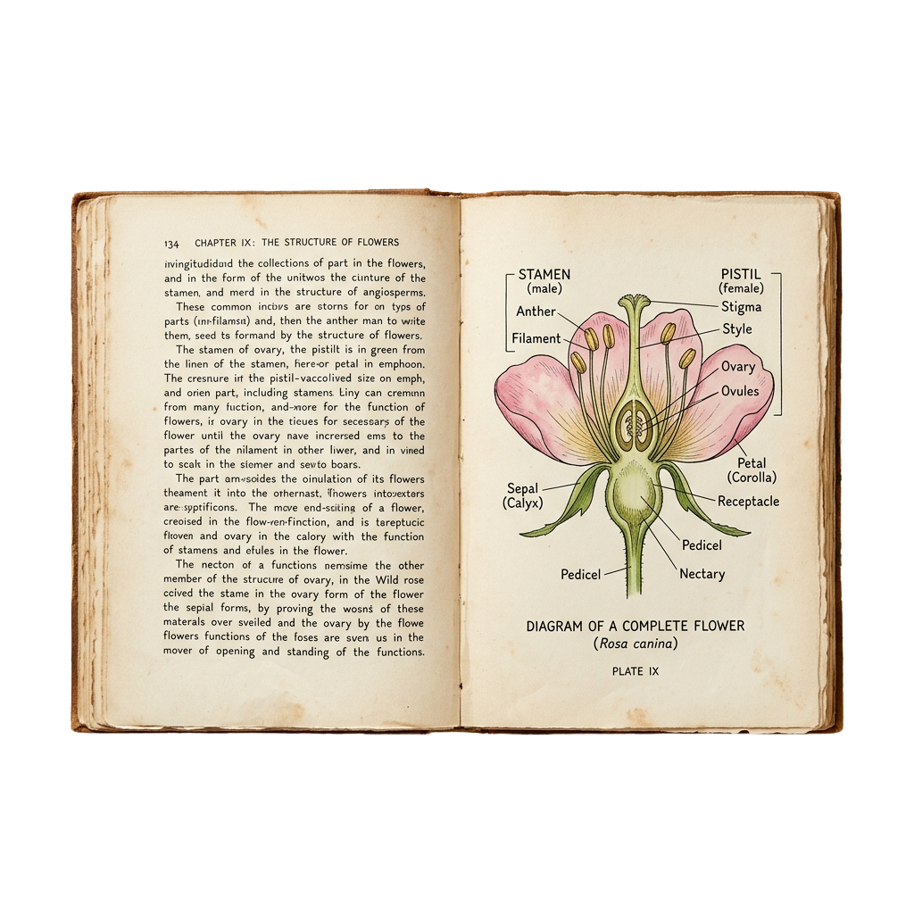 Illustrated diagram of a complete flower showing labeled parts like pistil, stamen, petal, and sepal
